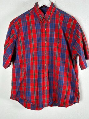 Vintage Pendleton Men Plaid Button-Down Short Sleeve Shirt Large Red Blue Casual